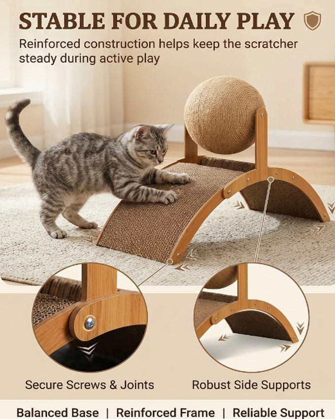 wood cat arch scratching ball on stand with arched bridge and rotating sisal balls for big cats indoor use