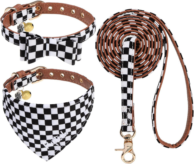 PupTecK 3-Pack Adjustable Soft Leather Dog Collar and Leash Set with Bow Tie and Bells, Black & White Checkered, Small Dogs and Cats Accessories