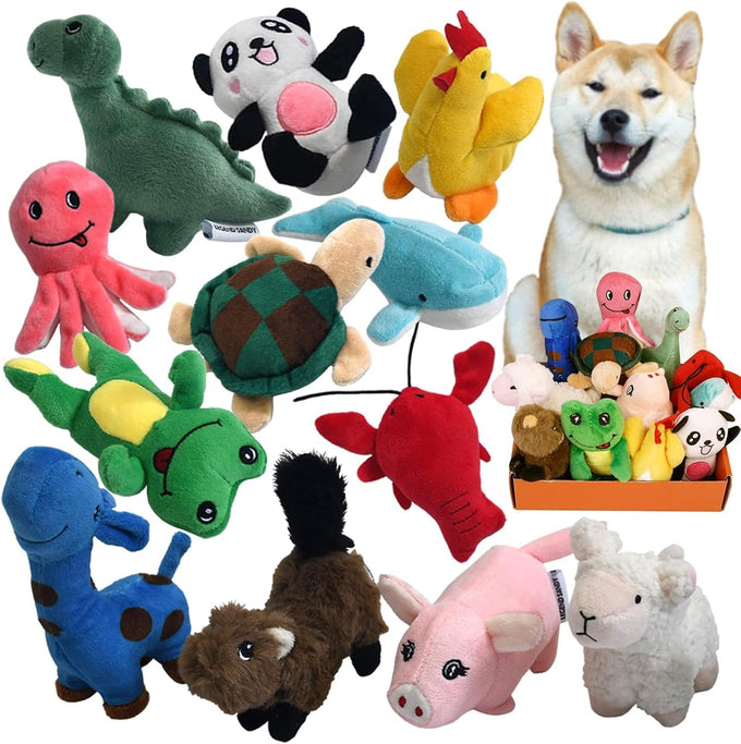 Legend Sandy Squeaky Plush Dog Toy Pack, 12 Soft Puppy Chew Toys with Squeakers for Small Medium Size Dogs