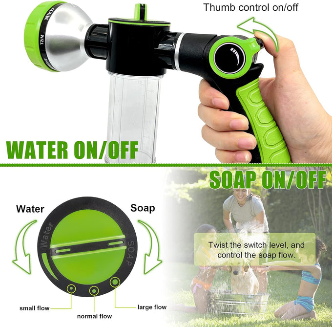 Upgraded 8-in-1 Zinc Alloy Dog Wash Hose Nozzle with 100cc Soap Dispenser and Pet Grooming Glove