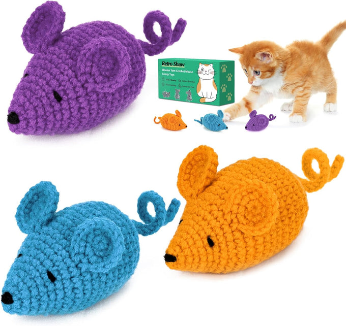 Retro Shaw Crochet Mice Cat Toys, 3 Pcs Durable Yarn Cat Mouse Toys for Indoor Cats with Catnip & Silvervine