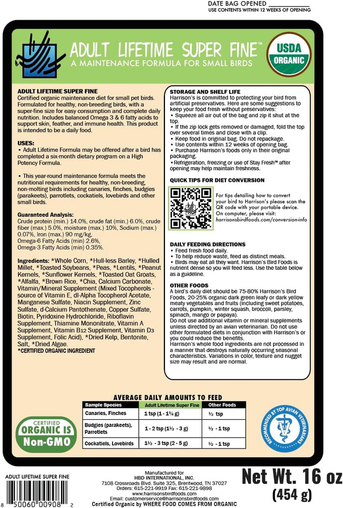 Harrison's Certified Organic Non-GMO Adult Bird Food Small 1lb Formula For Medium to Large Birds