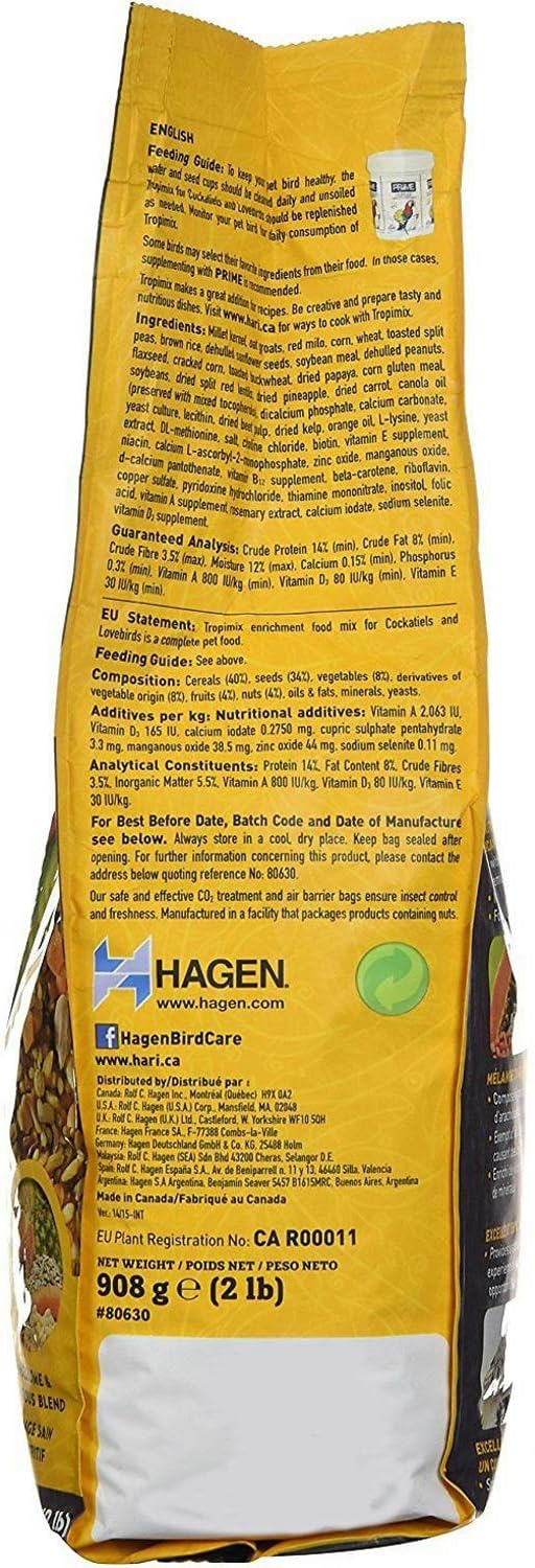 Hari Hagen Tropimix Enrichment Food for Cockatiels and Lovebirds, 2 lb, Parrot Food with Seeds Fruits Nuts