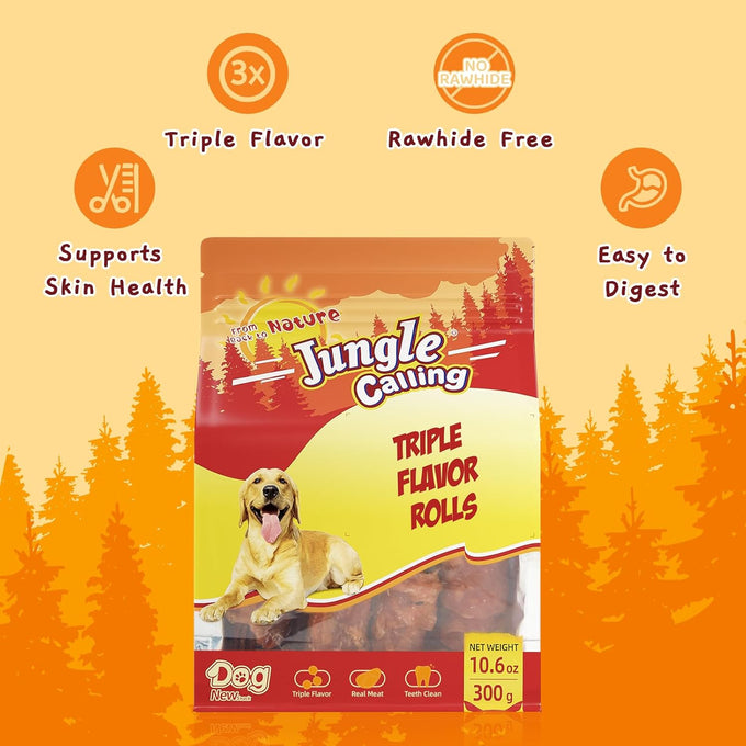 jungle calling triple flavor rolls dog treats high protein rawhide free healthy easily digestible 10.6 oz