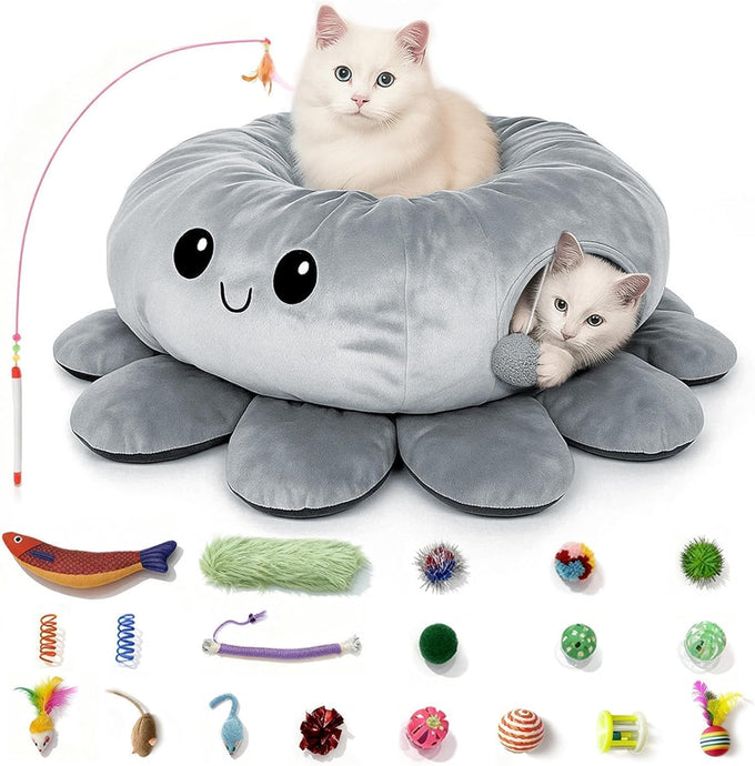 Cat Octopus Tunnel Bed with 20 Toys, Collapsible Indoor Cat Playhouse for Kittens, Machine Washable Cushion