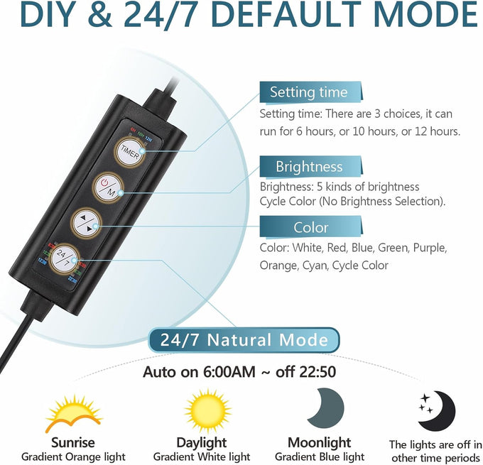 hygger 14w clip on aquarium LED light with 7 colors and adjustable timer for planted tank 12~20in