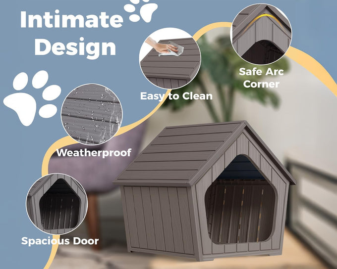 Vixzen grey small dog resin material doghouse outdoor indoor weatherproof pet shelter with air vents easy assembly