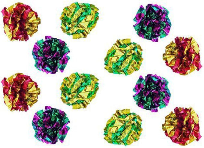 petfavorites original mylar crinkle balls cat toys 12 pack purple green red gold