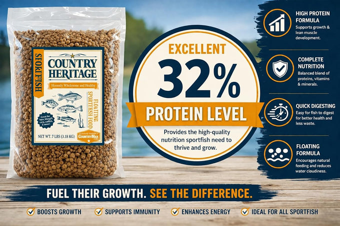 CountryMax Floating Sportfish Game Fish Food 32% Protein 7 lb Bag for Bass Bluegill Catfish Carp Minnows and More Pond and Lake Use