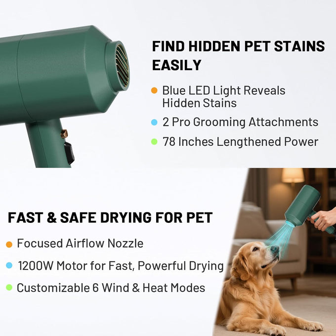 Professional dog grooming blower dryer for medium/small pets with IEC & UL certification, 2-speed and 3-heat settings