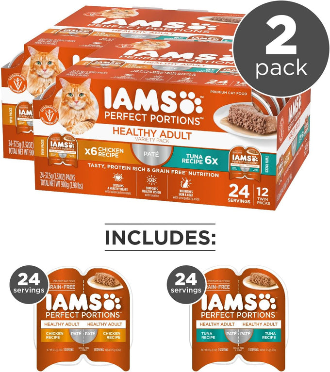 IAMS Perfect Portions Sensitive Digestion & Skin Wet Cat Food Pate, Healthy Adult Grain Free Pate, Chicken and Tuna Recipe, 2.6 oz. (24 Twin Packs)