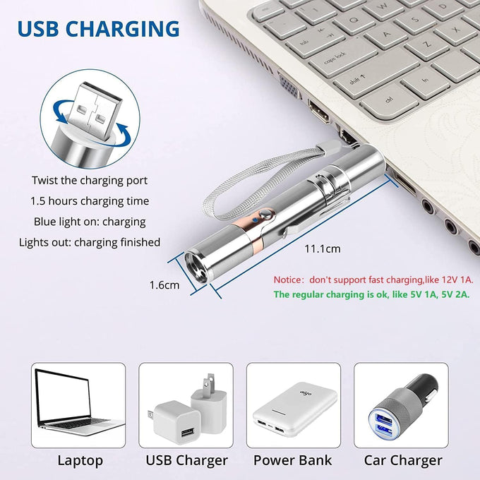 TB TeeK rechargeable cat toy with metal case, 7 adjustable patterns, USB charging, durable stainless steel shell