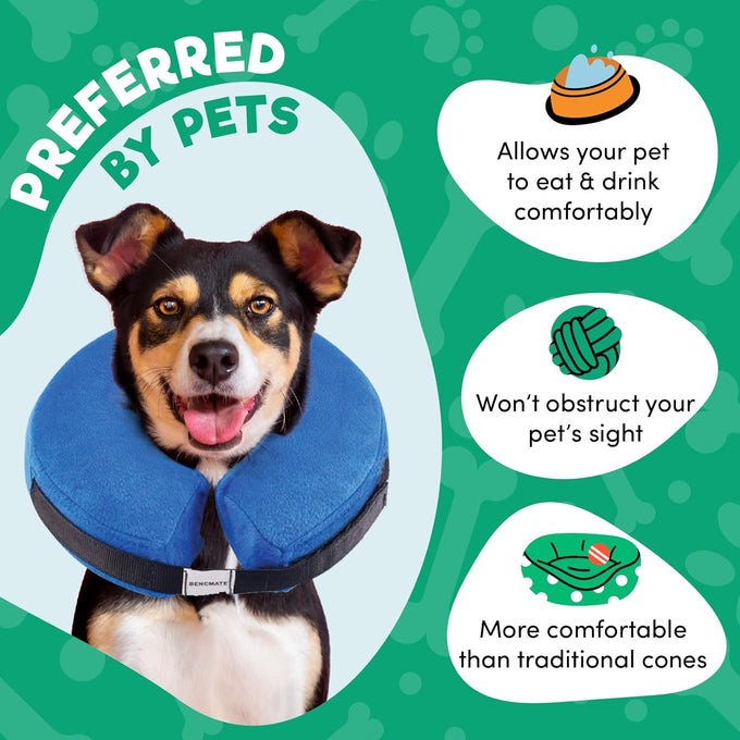 BENCMATE soft inflatable dog cone collar alternative for small medium large dogs and cats, medium, blue