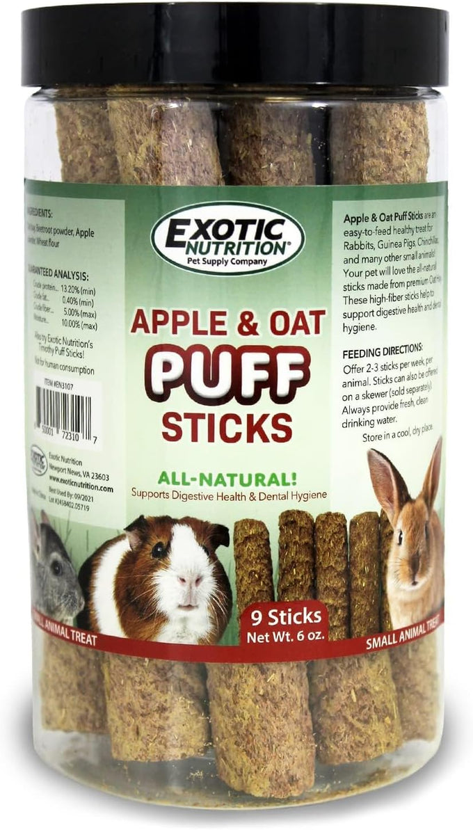 Natural Apple & Oat Puff Sticks for Small Pets - High Fiber, Variety, Dental Health, Oat Hay - 6 oz.