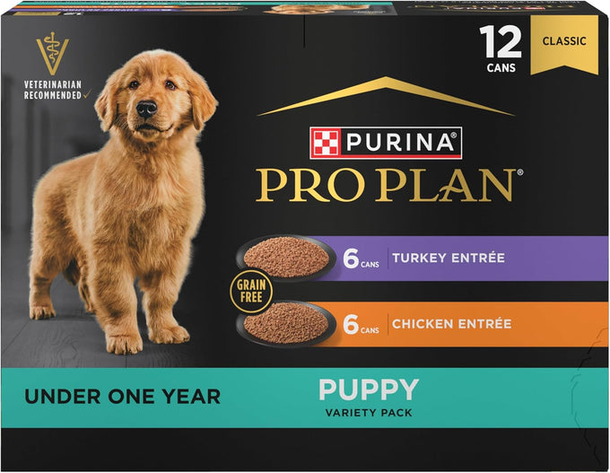 Purina Pro Plan Development Grain Free Puppy Food Variety Pack, 12 13 oz Cans, Chicken and Turkey Entrees, No Corn, Wheat, Soy, Artificial Colors, Flavors or Preservatives