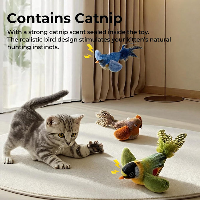 2-pack green and blue bird cat toys for indoor cats' natural hunting instincts with realistic chirping sounds