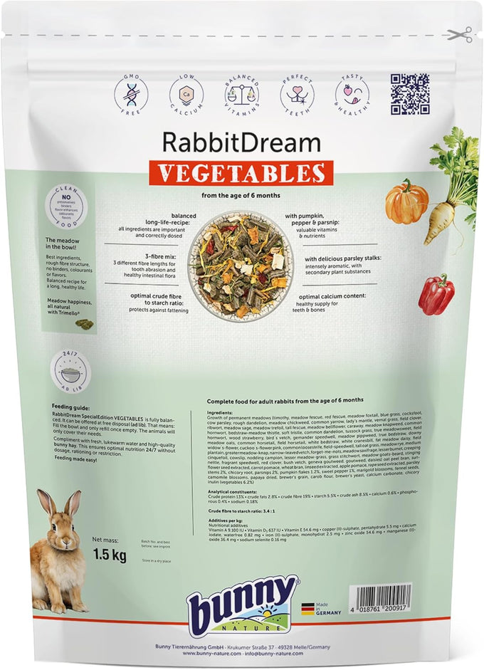 Bunny Nature RabbitDream Vegetables 63 Herbs & Veggies - Rabbit Food, Grain-Free, No Additives - 3.3 lbs, Trimello Cold-Pressed
