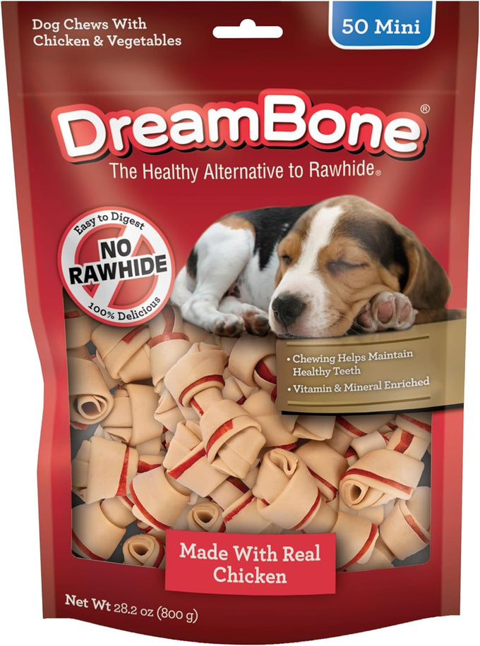 DreamBone Mini Rawhide-Free Chicken and Vegetable Dog Chews, 50 Count, Bone-Shaped