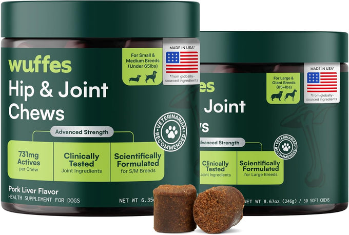 Wuffes Advanced Glucosamine Chondroitin Omega 3 MSM Green Lipped Mussel Supplement for Small Medium Dog Breeds 60 Pork Flavored Chews