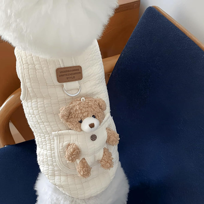 Cute pet apparel plush bear pattern cartoon dog clothes white 11-20lbs sleeveless pullover