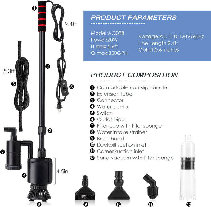 aqqa 6 in 1 automatic fish tank cleaning kit gravel vacuum for aquarium 320gph 20w