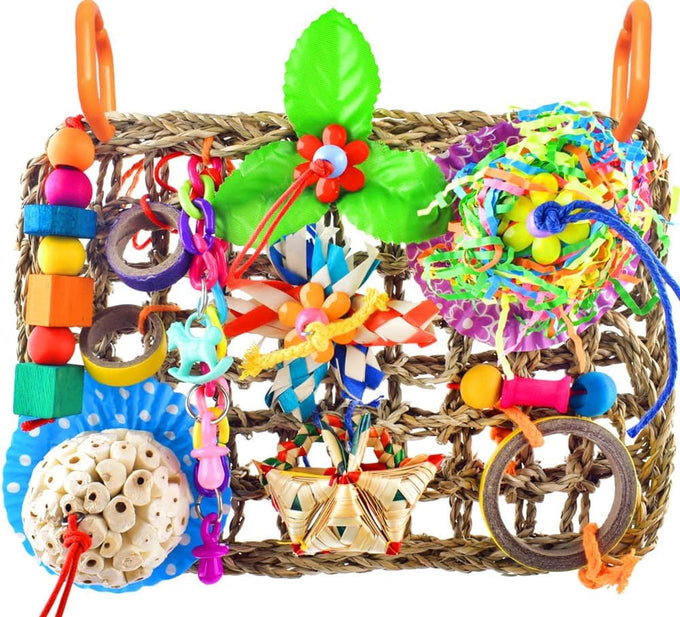 KATUMO Large-Sized Grass Mat with Colorful Parrot Foraging Shredder Hanging Toys for Conure Birds