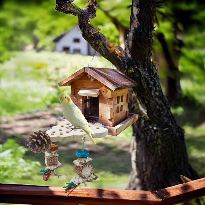 Parrot wooden toys with natural corn sticks and pine cones, fun bird cage accessories for parakeets and similar birds