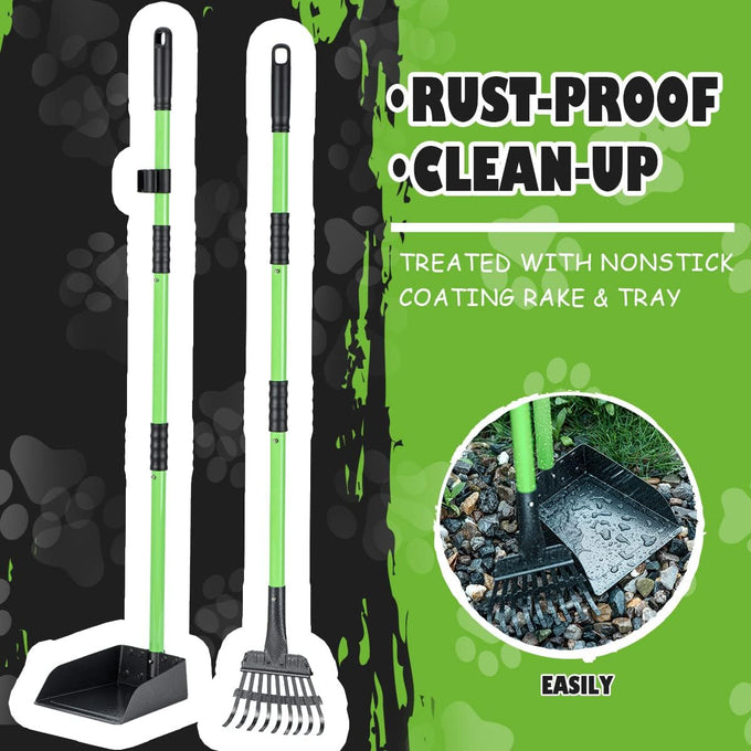 mxf pooper scooper, stainless metal tray and rake set, medium small dog use, long handle, heavy duty, pet supplies, green