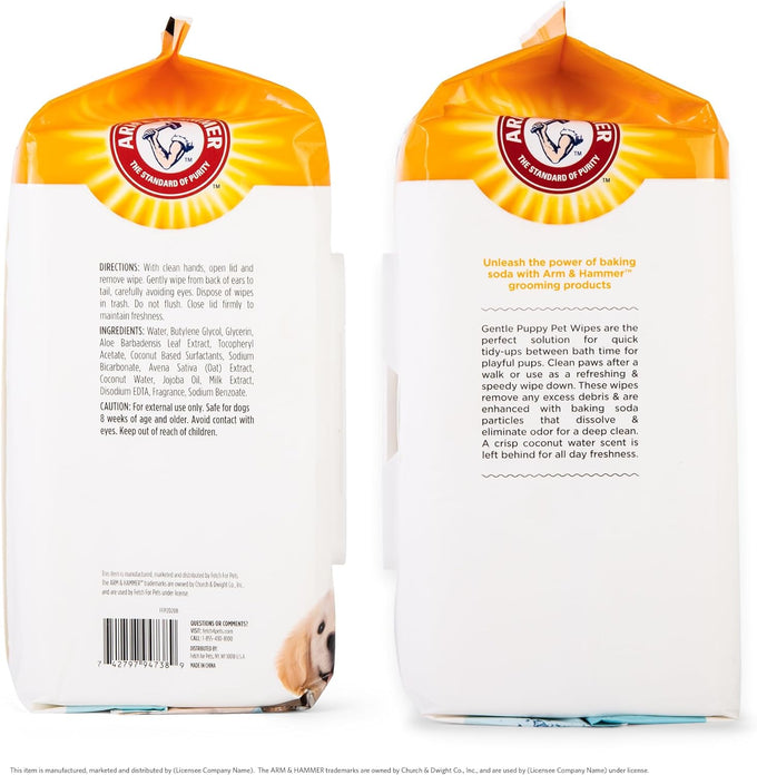 Arm & Hammer 100-count Deodorizing Dog Cleaning Wipes with coconut water, gentle for dogs and puppies, paraben and sulfate free, light coconut scent
