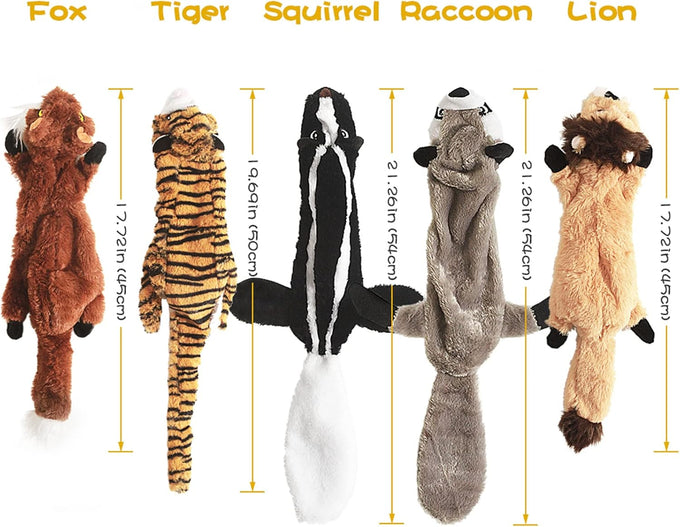 Non-toxic plush dog squeak toys, no stuffing, 5-pack woodland animals for small to large breeds