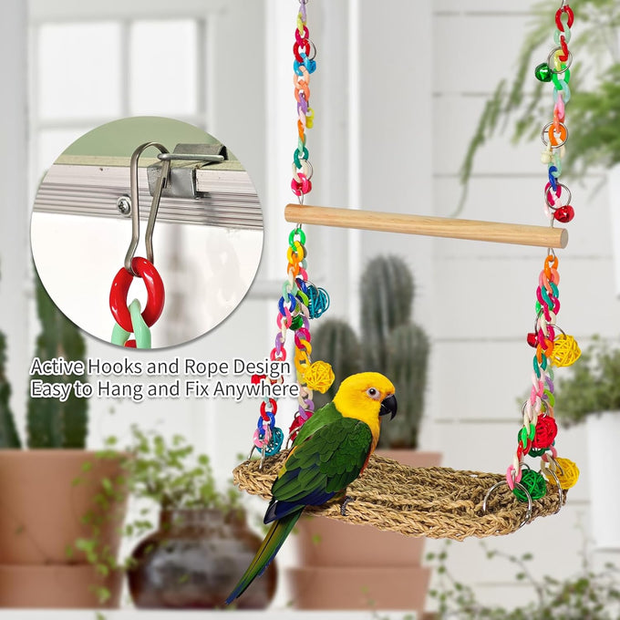 Natural Bird Swing Toys with Wood Perch for Parakeets, Budgies, Conures, Cockatiels, Lovebirds