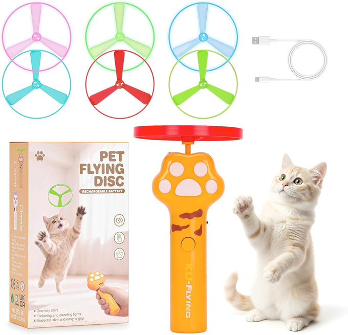 White Cat Fetch Toy with Rechargeable Flying Disc Launcher and 6 Glowing or Classic Discs