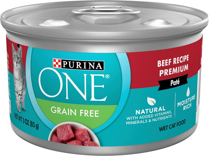 purina one natural high protein grain free wet cat food pate beef recipe pack of 24 3 oz pull top cans