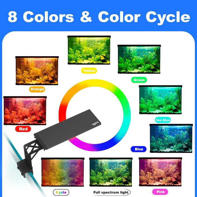 seaoura 24/7 cycle aquarium light for 12-20 inch tanks, full spectrum + 7 colors, adjustable brightness and height, 20w