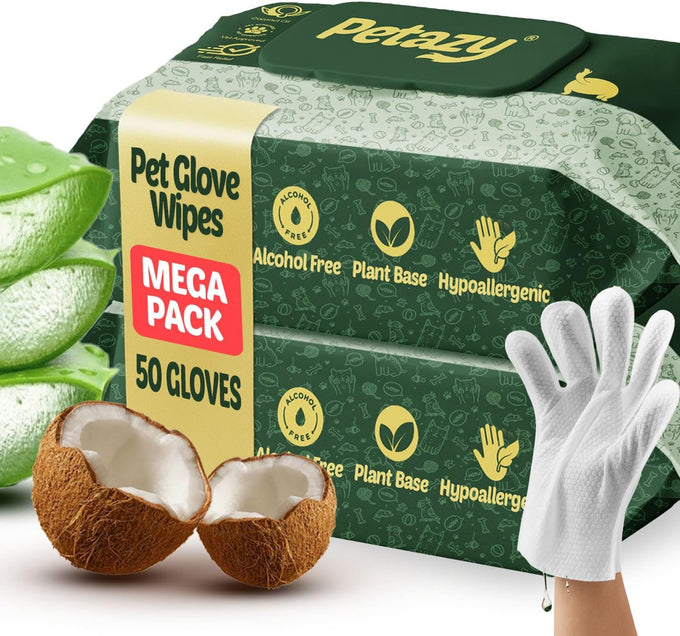 petazy pet glove wipes for dogs and cats hypoallergenic thick cleaning gloves with aloe coconut oil, 25 pack