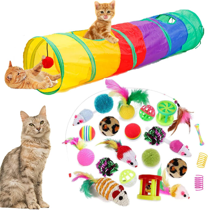32Pcs Cat Toys Kitten Interactive Pet Toys Assortments, Foldable Rainbow Tunnel, Teaser Wand Fluffy Mouse Crinkle Balls Bell Play for Kitty Cats