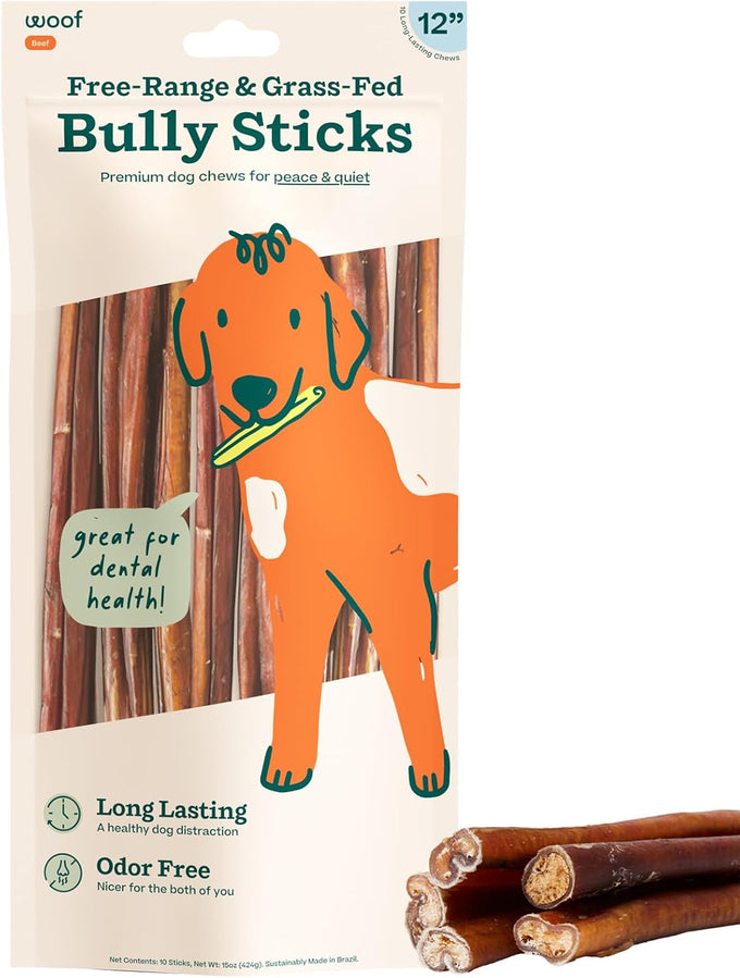 woof bully sticks made with free-range grass-fed beef 6 inch sticks 10pk