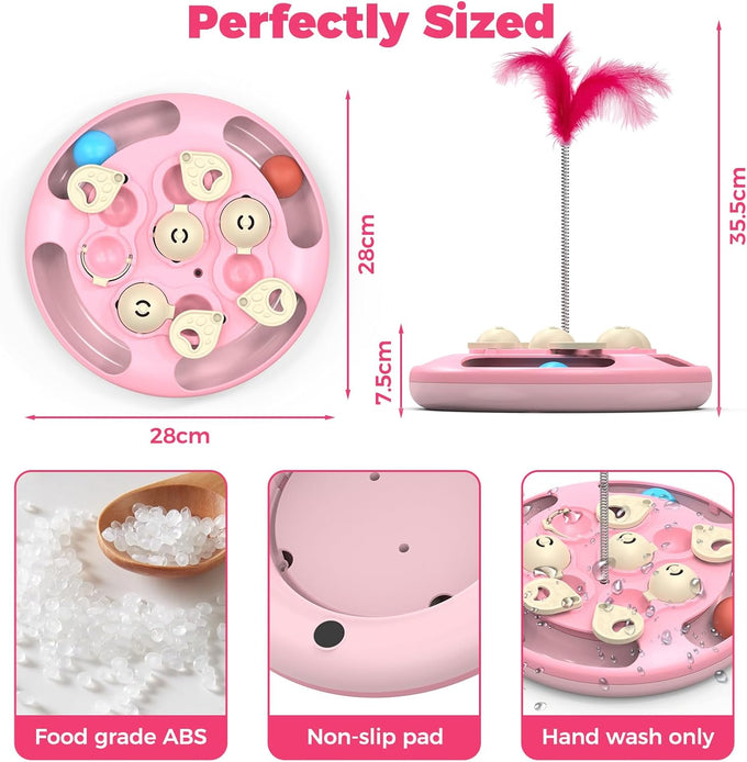 Cat Puzzle Toy Games Level 3 in 1 with Track Balls Feeder Teaser Non-Slip Base Pink
