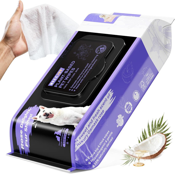 HICC Pet Wipes for Dogs and Cats, Vet-Recommended, Fermented Coconut Oil, 100pcs, Rose