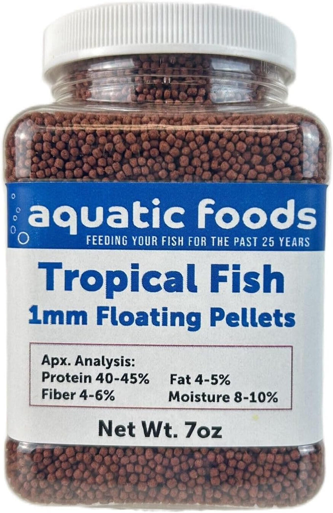 Tropical Fish 1mm-1/32" 40% protein floating pellets for discus, cichlids, betta, guppies, tetras, live bearers, baby koi and smaller tropical fish