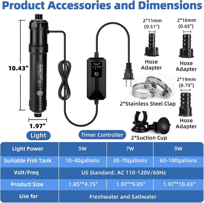 hygger 9w aquarium u-v light with timer, 360° protective shield clean light for crystal clear green water, 60–100 gallon freshwater & saltwater aquariums