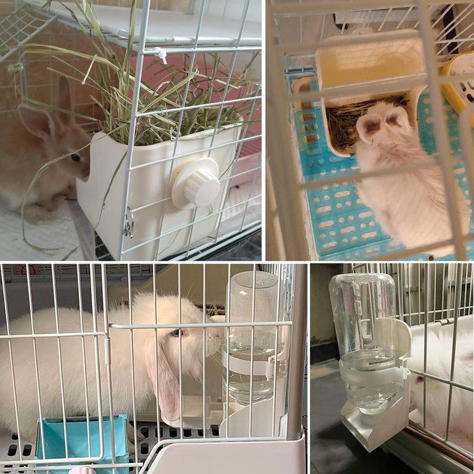 hercocci large white rabbit hay food bin feeder and bunny water bottle set with 500ml hanging dispenser