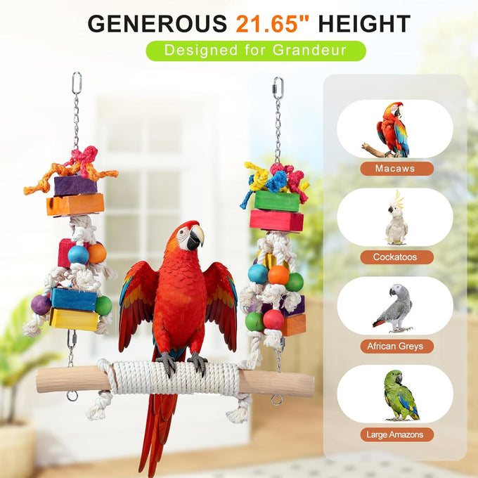 21.6" Giant Refillable Parrot Toy Swing for Macaws, Cockatoos, 4lb Heavy Duty Bird Toys, Large Natural Wooden Block Chew & Shredding Toy