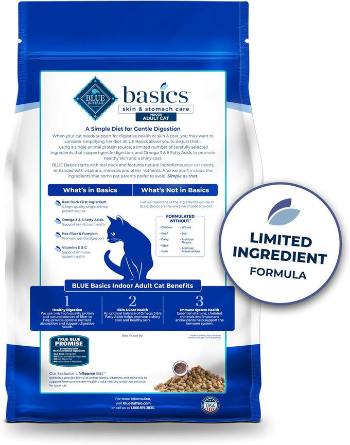 Blue Buffalo Basics Grain-Free Dry Cat Food for Indoor Cats, 5-lb. Bag, Duck & Potato Recipe, Skin & Stomach Care