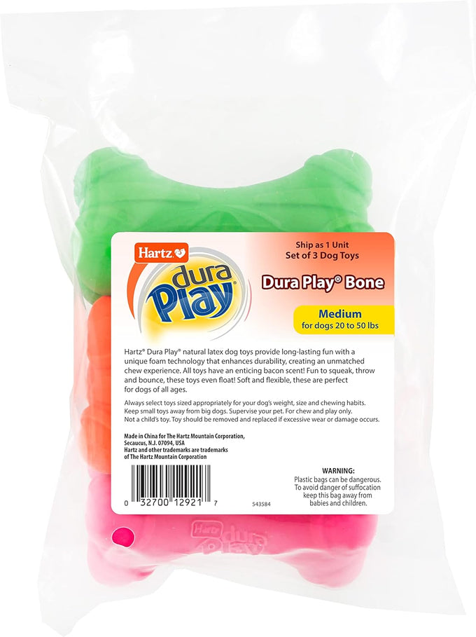 Hartz DuraPlay 3 Pack Latex Dog Toy for Medium Breeds, Bacon Scented, 20-50 Pounds