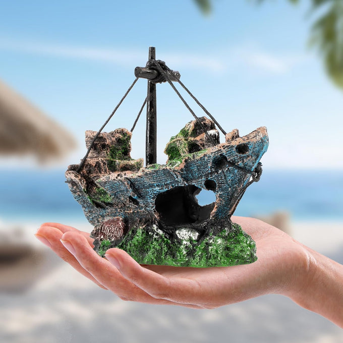 8Pcs Fish Tank Decorations Set - Sunken Ship, Resin Material, Aquarium Accessories for Freshwater or Saltwater Environments
