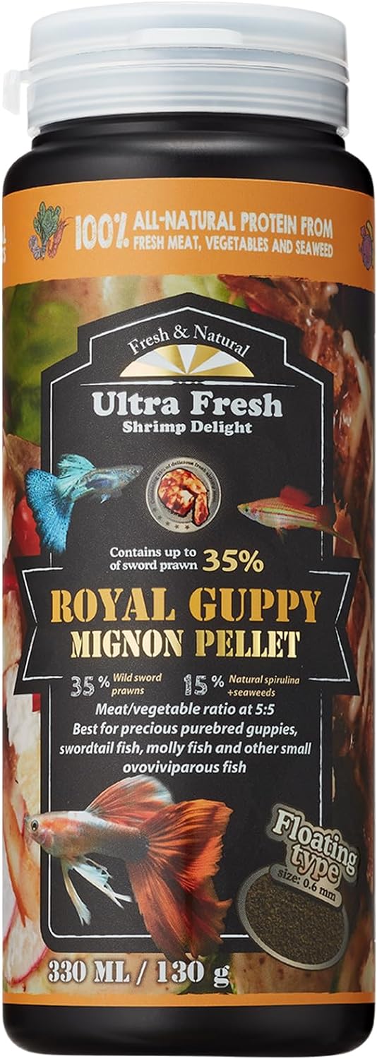 Royal Guppy Mignon Pellet Food for Cleaner Water and Vibrant Color, All Natural Guppy Food with Sword Prawns and Spirulina, 1.87 oz
