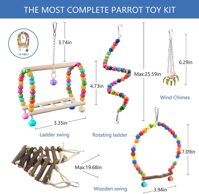 22 Pack Parakeet Cockatiel Toys Set with Safe Bells, Colorful Climbing Ladder, Natural Wood