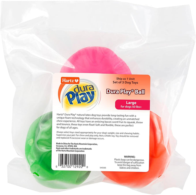Hartz DuraPlay Latex Dog Toy 3-Count Pack, Large, Neon Green, Pink, Orange, Bacon Scented