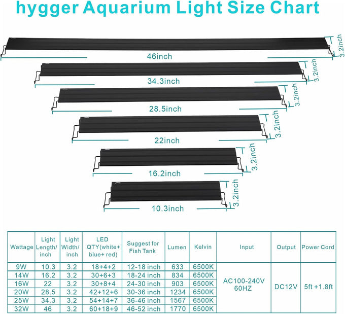 hygger 20w full spectrum aquarium light for freshwater fish tank 30-36 inch with aluminum alloy shell and external controller